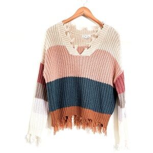On The Road Multicolor Striped‎ Distressed Chunky Knit Sweater S/M Long Sleeves